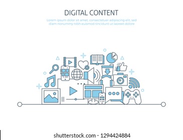 Digital content website banner. For content marketing landing page mobile app icons set, digital technologies, Social network and media poster concept elements template. Thin line web symbols flat