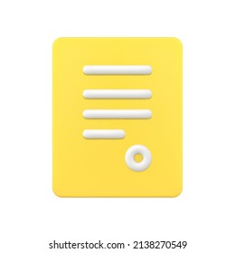 Digital contract 3d icon vector illustration. Yellow paper page with financial agreement. Legal stripes of white text with informational data. Online document with digital information.