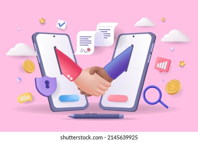 Digital Contract Concept 3D Illustration. Icon Composition With Businessman Handshake From Mobile Phones And Electronic Document. Business Deal And Agreement. Vector Illustration For Modern Web Design