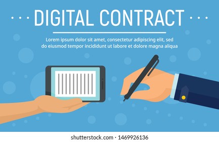 Digital contract device concept banner. Flat illustration of digital contract device vector concept banner for web design
