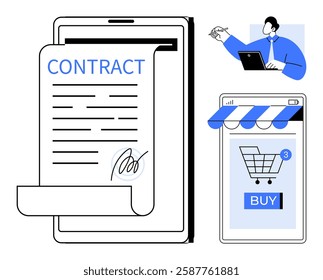 A digital contract is displayed on a tablet with a signature at the bottom. Next to it, a person is seen on a laptop and a shopping cart icon is visible on a smartphone screen. Ideal for e-commerce