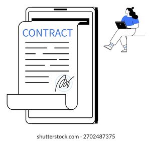 Contrato digital exibido em um tablet com uma assinatura eletrônica. Trabalhador remoto sentado em uma plataforma usando um notebook. Ideal para negócios, jurídico, trabalho remoto, tecnologia, freelancer