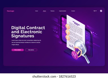 Digital contract and electronic signature isometric landing page, e-signature on document at pc screen with fingerprint, shield and magnifier, secured internet technology service, 3d vector web banner