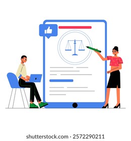 Digital Contract With Female Consultant And Male Client In Flat Vector Illustration Symbolizing Online Agreement And Justice, Isolated On White Background