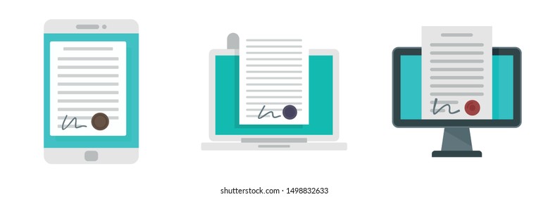 Digital contract icons set. Flat set of digital contract vector icons for web design