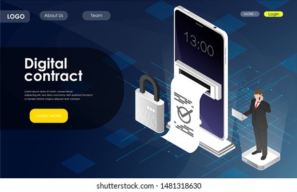Digital  contract, isometric  concept. Paper receipt of payment, verified document. Vector illustration.