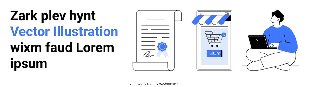 Contrato digital com selo, telefone celular com carrinho de compras e botão Comprar, usuário sentado com um laptop. Ideal para e-commerce, compras online, contratos digitais, aplicativos móveis, trabalho freelance