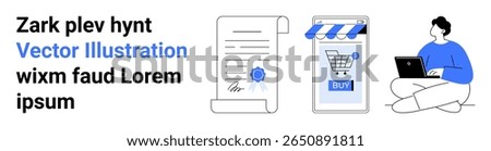 Digital contract with a seal, mobile phone with shopping cart and Buy button, user sitting with a laptop. Ideal for e-commerce, online shopping, digital contracts, mobile apps, freelance work