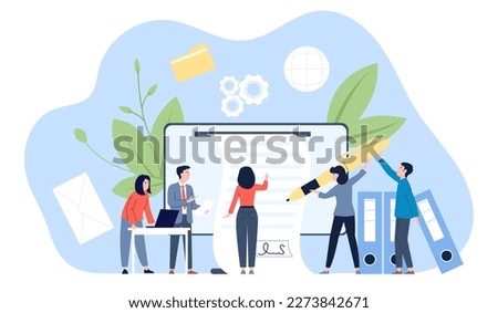 Digital contract sign, office people writing electronic paper agreement and signature it. Businesspeople conditions, document security recent vector concept