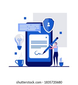 Digital contract signature concept with character. People signing signature on smartphone screen. Modern flat style for landing page, mobile app, poster, flyer, web banner, infographics, hero images.