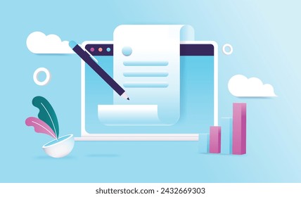 Digital contract signature - Vector illustration of computer screen with pen signing digital document and agreement on blue background