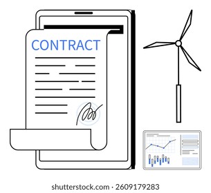 Digital contract signing on tablet, wind turbine, and analytics dashboard with graphs. Ideal for renewable energy, technology, business, digital transformation, sustainability, finance