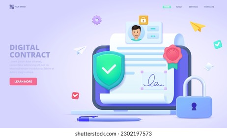 Digital contract, smart contract online, electronic signature. Three dimensiobal design concept for landing page. 3d vector illustration for website, print, banner