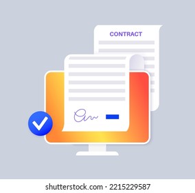 Digital contract template. Electronic technology in business. Financial document with text, stamp, seal and signature. Payment mockup, notary confirmation. Bilateral agreement vector illustration.