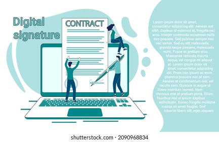 Digital contract.Business concept of electronic signature and digital documentation management.People on the background of a laptop with a digital document.An illustration in the style of a landing 