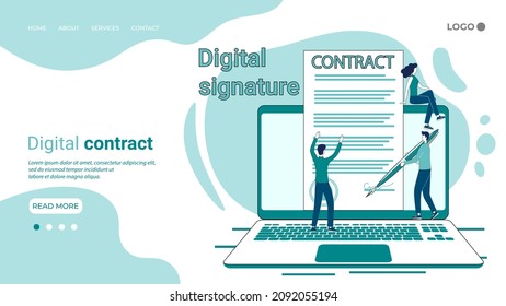 Digital contract.Business concept of electronic signature and digital documentation management.People on the background of a laptop with a digital document.