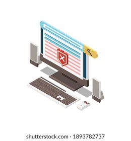 Digital control concept with forbidden content sites on computer isometric vector illustration