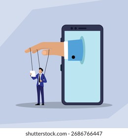 Digital Control and Manipulation: Hand from Smartphone Operating Businessman as a Puppet 2d flat vector illustration - Powered by Shutterstock - Get 15% off with code: PIKWIZARD15