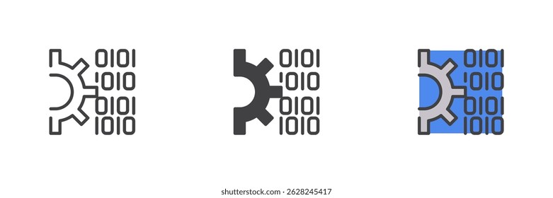 Digital control system different style icon set. Line, glyph and filled outline colorful version, outline and filled vector sign. Gear and binary code symbol, logo illustration. Vector graphics