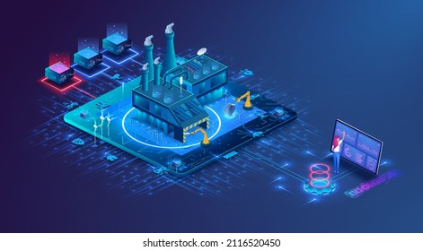 Digital control technology in the manufacturing industry optimization of maintenance facilities. Modern isometric smart factory manufacturing facilities.  Isometric vector illustration, banner.
