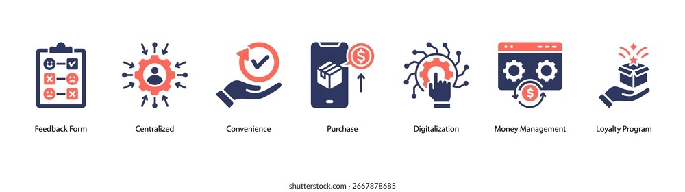 Digital Convenience Services web banner icon vector illustration featuring Feedback Form, Centralized, Convenience, Purchase, Digitalization, Money Management, and Loyalty Program.