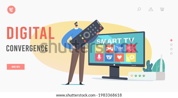 Digital Convergence Landing Page Template.\
Tiny Character with Huge Remote Control stand at Huge Television\
Set with Smart Tv. Innovative Entertainment Technologies. Cartoon\
People Vector\
Illustration