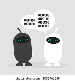 Digital conversation between two cute robots. Data exchanging, conceptual illustration. Flat editable vector, clip art
