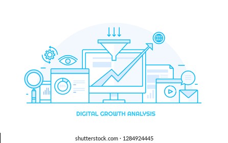 Digital conversion marketing - Business growth analysis - Inbound marketing funnel - flat line vector banner on white background