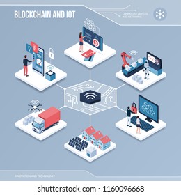 Digital core: blockchain, shared networks and iot isometric infographic with people