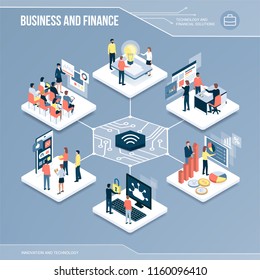 Digital core: business, finance and networks isometric infographic with people