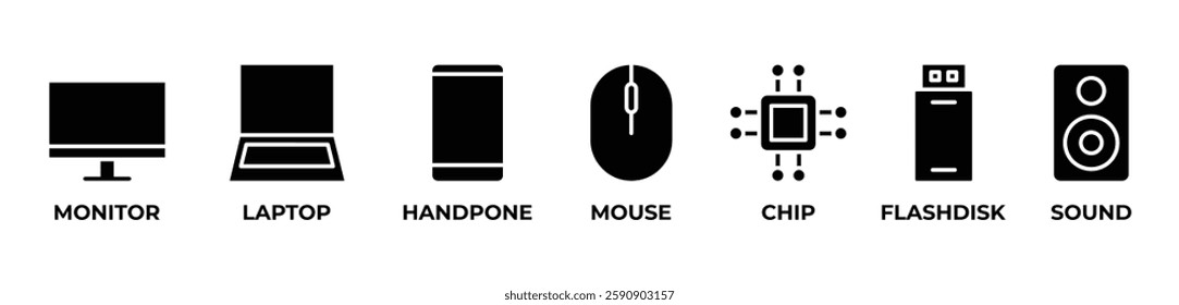The Digital Core Icons set vector illustration outline with MONITOR, LAPTOP, HANDPHONE, MOUSE, CHIP, FLASHDISK, SOUND