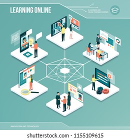 Digital core: online learning, university and job application isometric infographic with people