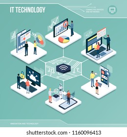 Digital core: IT technology, marketing and networks isometric infographic with people