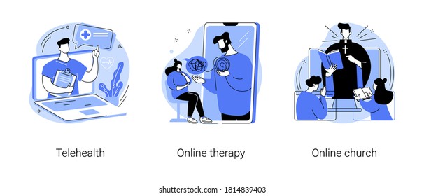 Digital Counseling And Mental Help Abstract Concept Vector Illustration Set. Telehealth, Online Therapy And Church, Social Distancing, Worship Services, Social Distancing Admission Abstract Metaphor.