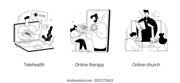 Digital counseling and mental help abstract concept vector illustration set. Telehealth, online therapy and church, social distancing, worship services, social distancing admission abstract metaphor.