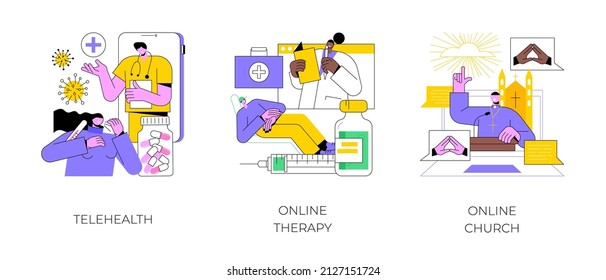 Digital counseling and mental help abstract concept vector illustration set. Telehealth, online therapy and church, social distancing, worship services, social distancing admission abstract metaphor.