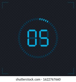 Digital count down circle board with circle time pie diagram. Stopwatch vector icon, digital timer. Watch outline style design, designed for web and app.