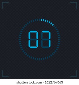 Digital count down circle board with circle time pie diagram. Stopwatch vector icon, digital timer. Watch outline style design, designed for web and app.