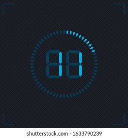 Digital count down circle board with circle time pie diagram. Stopwatch vector icon, digital timer. Watch outline style design, designed for web and app.