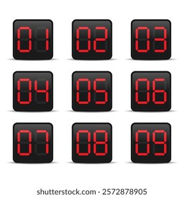 Digital countdown display set. Digital numbers represented in red LED-style segments, ranging from 01 to 09