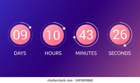 Digital countdown timer concept with remaining amount of days hours minutes and seconds on bright circles. Isolated vector illustration