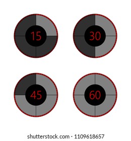 Digital countdown timer with fifteen minutes interval. Isolated on white background. Vector illustration, eps 8.