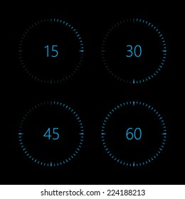 Digital countdown timer with fifteen minutes interval. Isolated on black background. Vector illustration, eps 8.