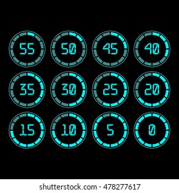 Digital countdown timer with five minutes interval in modern style. Set of 12 timer icons. Vector illustration on a black background. 
