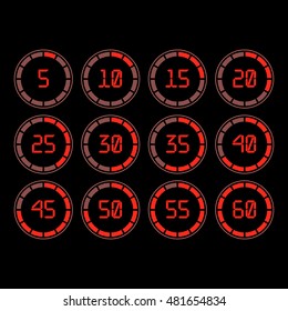 Digital countdown timer with five minutes interval in modern style. Set of 12 timer icons. Vector illustration on a black background. 