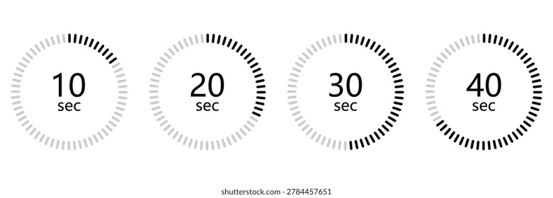 Digital Countdown Timer Icon Set with 10, 20, 30, and 40 Seconds Circular Progress Bars