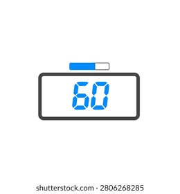Digital countdown timer showing number sixty with progress bar. A minimalist digital display showing the number 60 in blue segments with a loading bar at the top. Ideal for countdown clocks, wait times, or fitness tracking interfaces.