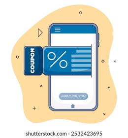 Digital Coupon on Phone Illustration. Discount Voucher for Audience Isolated on White Background
