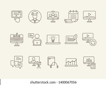 Digital course line icon set. Student, computer, lection. E-learning concept. Can be used for topics like training, online lesson, webinar