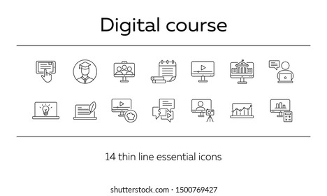 Digital course line icon set. Student, computer, lection. E-learning concept. Can be used for topics like training, online lesson, webinar